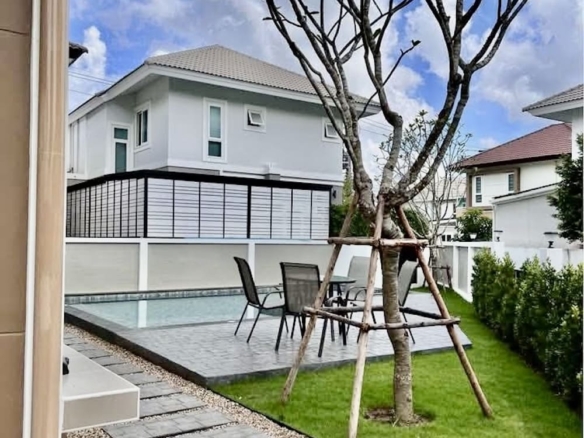 Backyard scene with a rectangular pool, gray stone patio, and a bare-branched tree supported by wooden stakes.