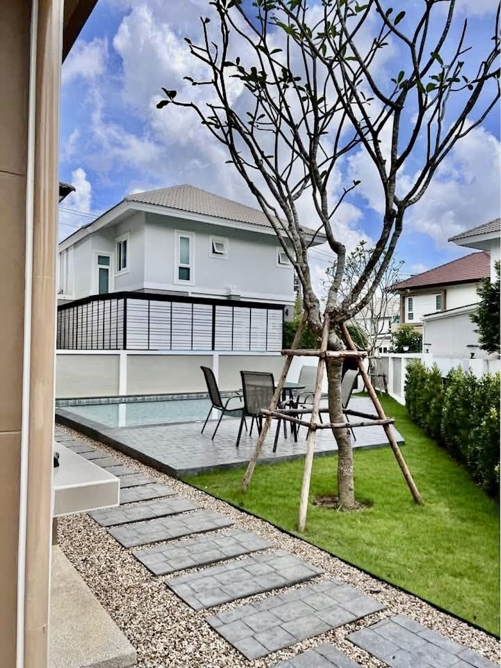 Backyard scene with a rectangular pool, gray stone patio, and a bare-branched tree supported by wooden stakes.